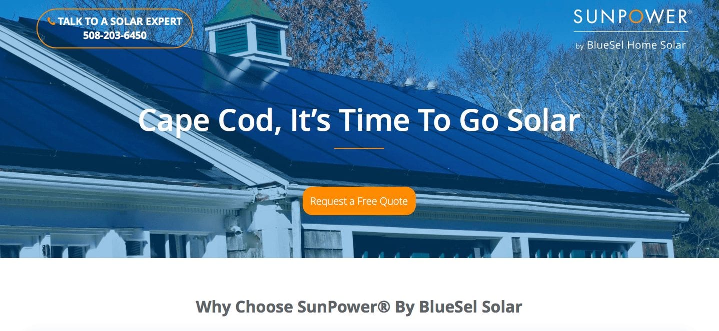 The Cape Cod landing page for SunPower by BlueSel.
