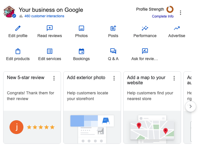 Google business profile editing dashboard with options to adjust hours, photos, reviews
