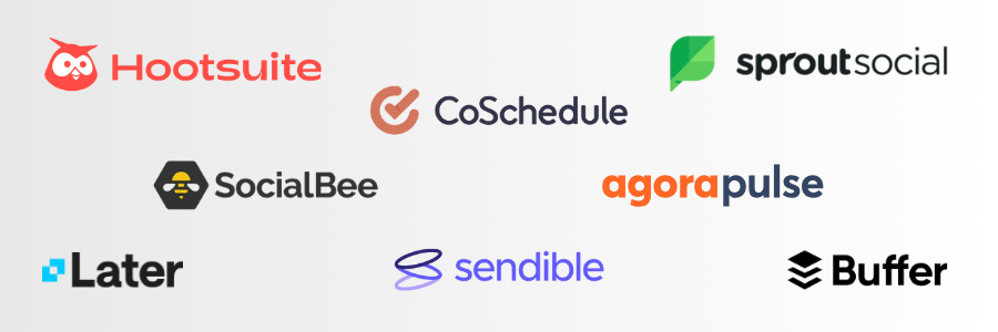 a graphic of logos of popular social media scheduling tools including hootsuite, coschedule, sprout social, sendible, agorapulse, later, sendible, and buffer