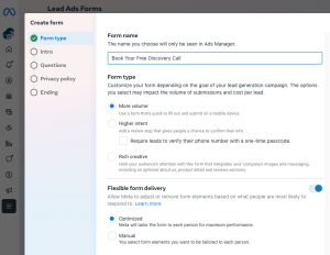 screen shot of the setup page for a Meta lead ad form, showing fields for form name, form type, and flexible form delivery