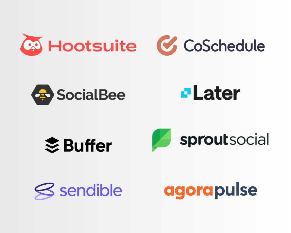 a graphic of logos of popular social media scheduling tools including hootsuite, coschedule, sprout social, sendible, agorapulse, later, sendible, and buffer