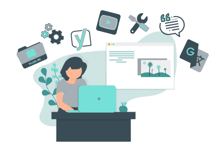 A graphic of a woman sitting at a desk with a laptop with widgets, tools, plugin icons.