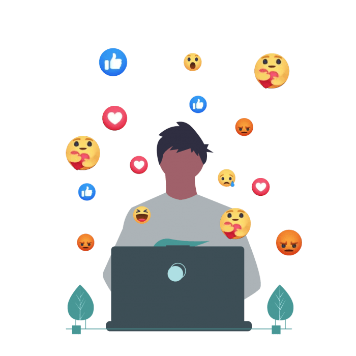 A graphic of a man on his laptop with the different Facebook emojis in the background.